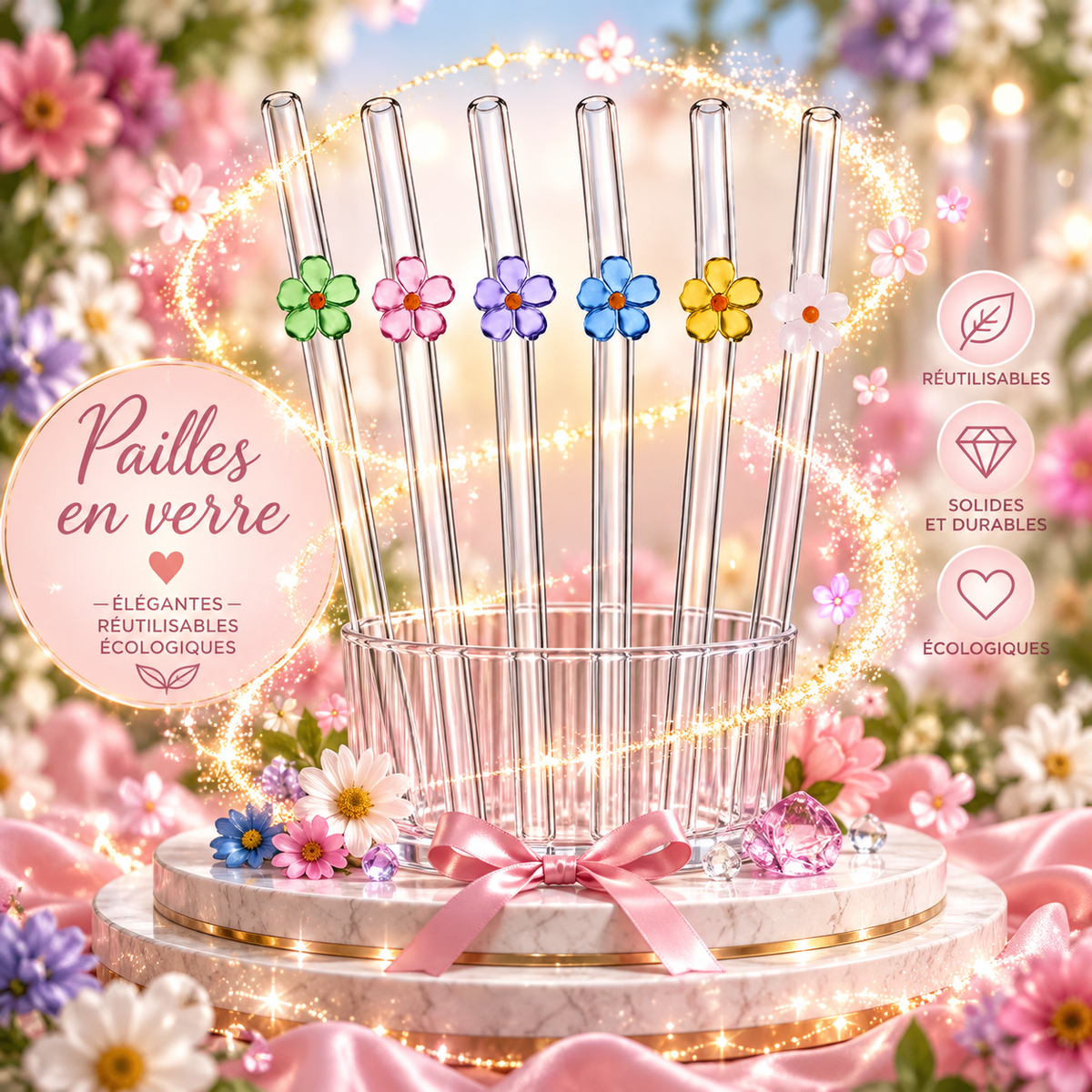 Paille en verre fleurs