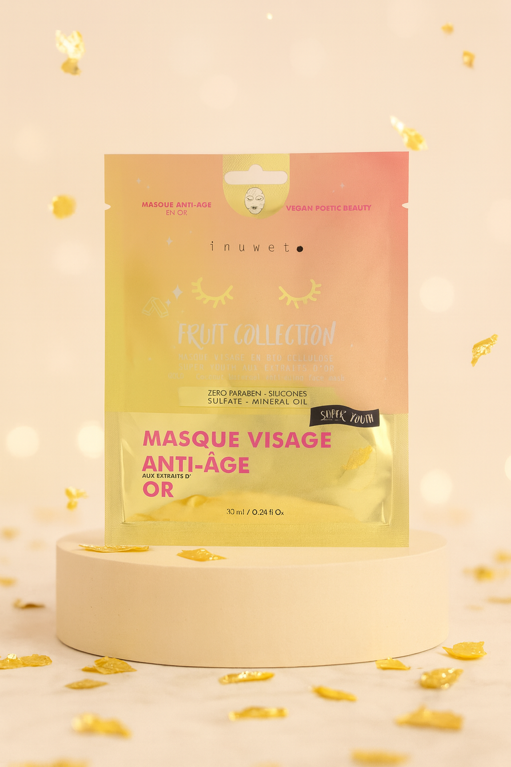 Masque Fruit collection visage en bio-cellulose - Anti âge - Extraits d'or