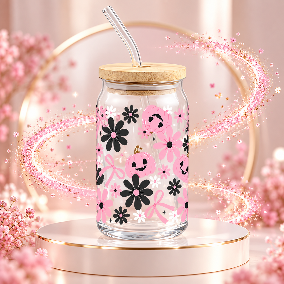 Verre Citrouille fleurs rose