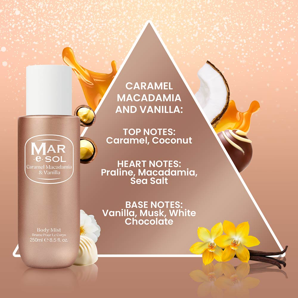 Brume Mar e Sol Caramel, Noix de Macadamia, Chocolat Blanc - Grand Format 250ml