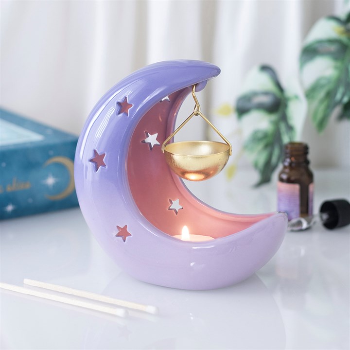Brûleur suspendu en forme de croissant de lune, couleur violet pastel