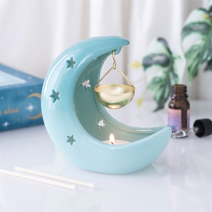 Brûleur suspendu en forme de croissant de lune, bleu pastel